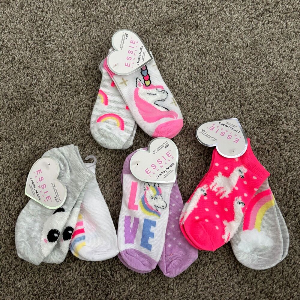 Essie Kids No Show Socks 8 Pair Lot Unicorn Llama Rainbow Kids Shoe 10.5-4